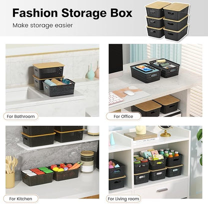 Plastic Storage Baskets With Bamboo Lid - Plastic Storage Containers Stackable Storage bins: Storage Baskets for Organizing Shelves Drawers Desktop Closet Playroom Classroom Office, 6 Pack