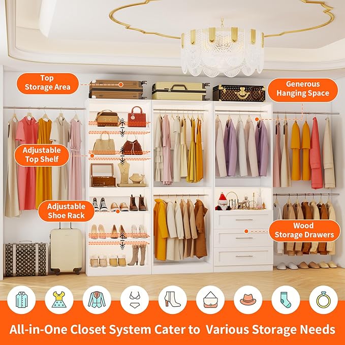 Closet System of 3 Sets, 6-15FT Closet Organizer System Wood with 3 Drawers & 7 Shelves, Walk in Closet Organizer Shelving System with 6 Hanging Rods, Modular Closet System Kits Adjustable, White