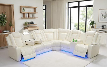 Leather Living Room Furniture Set, Power Reclining Sectional Sofa Set Creamy White, Breathing Leather Recliners Sofa with LED USB Ports and Storage Console, Reclining Couch Set for Home/Office