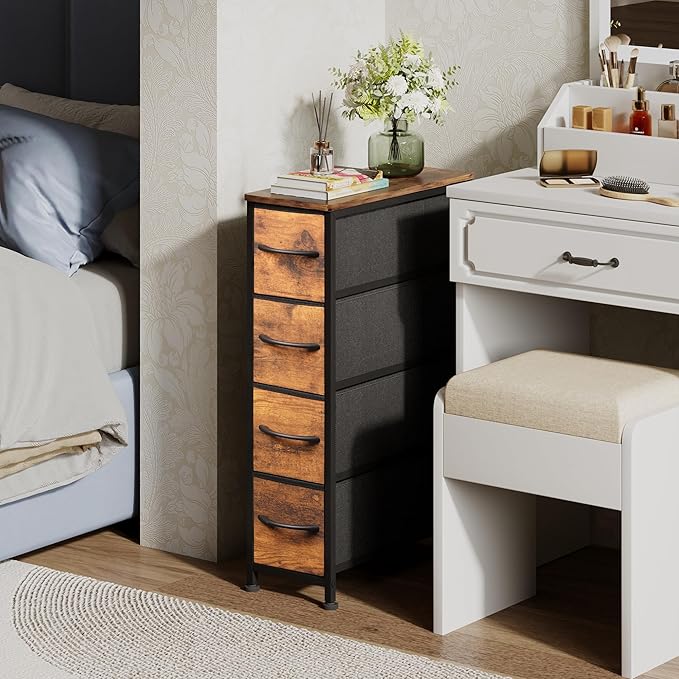 Narrow Dresser Storage Tower with 4 Drawers, Slim Dresser Chest of Drawers with Steel Frame, Wood Top, Dresser for Bedroom, Bathroom, Small Spaces, Laundry, Closet (Rustic Brown)