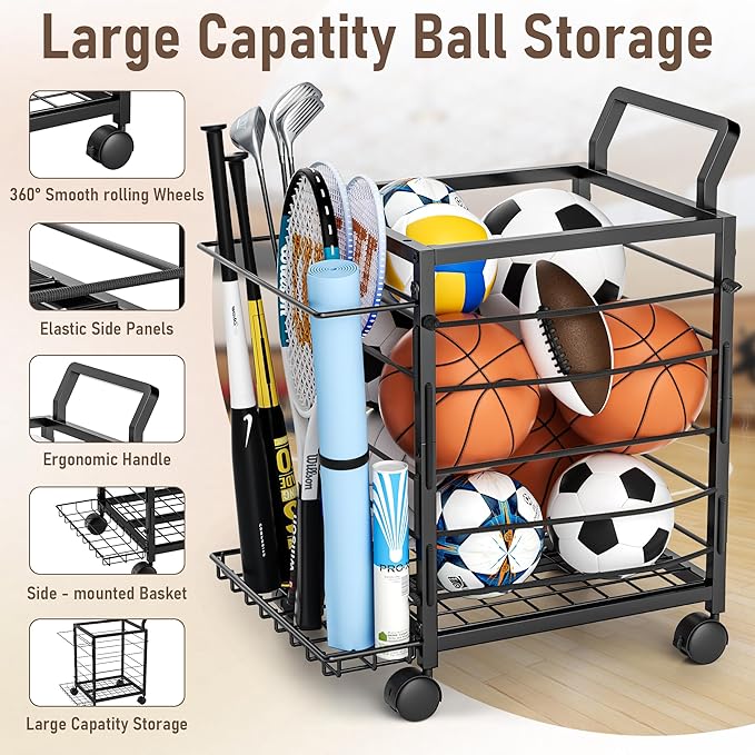 Sports Equipment Garage Organizer,Garage Ball Storage Rack for Sports with Wheels-Upgraded Sports Organizer Rack Outdoor Basketball Racks for Balls with Holder and Hooks (Black)
