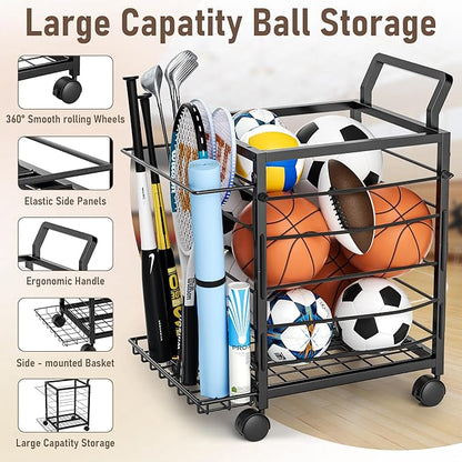 Sports Equipment Garage Organizer,Garage Ball Storage Rack for Sports with Wheels-Upgraded Sports Organizer Rack Outdoor Basketball Racks for Balls with Holder and Hooks (Black)