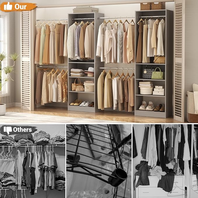 Homieasy Closet Organizer System, 4.5-10ft Modular Wooden Storage with 5 Hanging Rods & Shelving Tower, Adjustable for Walk-in Reach-in Bedroom Closets, Gray