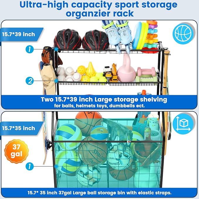 Kinghouse Sport Equipment Organizer for Garage, Steel Basketball Rack with Bat Holder and Hooks, Easy Assembly Storage for Balls, Kids' Toys, Workout Gear, Home Gym, Outdoor