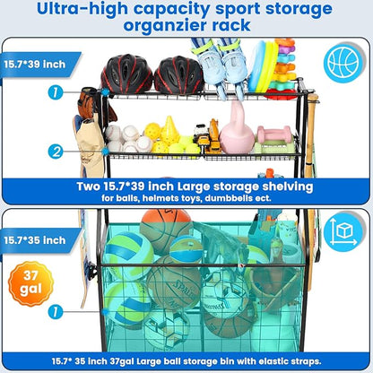 Kinghouse Sport Equipment Organizer for Garage, Steel Basketball Rack with Bat Holder and Hooks, Easy Assembly Storage for Balls, Kids' Toys, Workout Gear, Home Gym, Outdoor