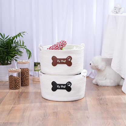 Cotton Pet Storage Basket, 12 x 12 x 7.1 inches, Dog Toy Organizer with Black Leather Bone Design, Dog Toy Storage Organizer, My Stuff Basket Puppy Pet Gift (Pet Dog Basket)