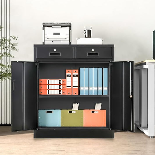 Metal Storage Cabinet, 36" H Locking Storage Cabinet with 2 Drawers and Adjustable Shelf, Metal Cabinets for Office, Garage, Home-Black