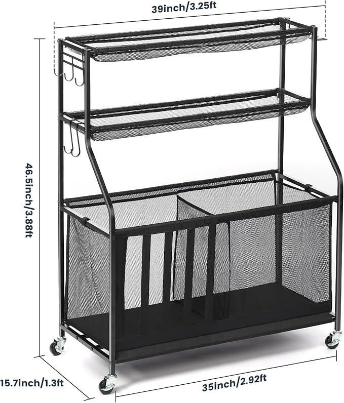 Kinghouse Garage Sports Equipment Organizer with 37 Gal Ball Storage Bin, Sports Rack with Hooks Elastic Straps for Basketball, Soccer, Tennis, Stick, Racket, Nerf Gun, Toy, Indoor, Outdoor
