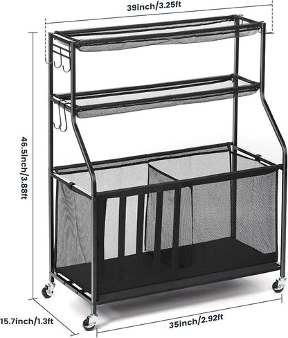 Kinghouse Garage Sports Equipment Organizer with 37 Gal Ball Storage Bin, Sports Rack with Hooks Elastic Straps for Basketball, Soccer, Tennis, Stick, Racket, Nerf Gun, Toy, Indoor, Outdoor