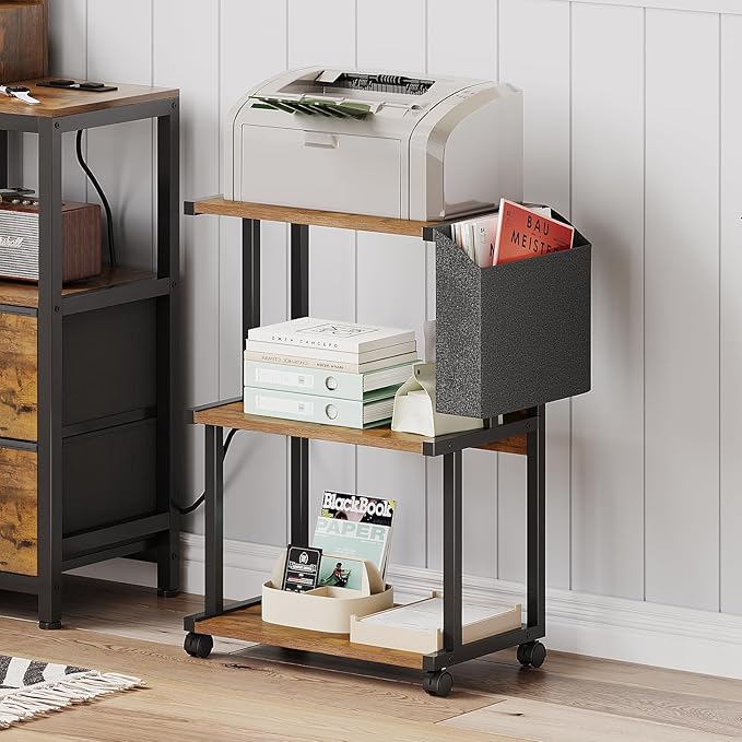 Ostreeful 3 Tier Printer Stand Rustic Brown Printer Mobile Wooden Printer Shelf Table Organizer for Home Office Kitchen