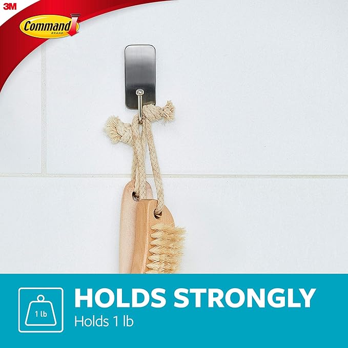 Command Small Bath Hook, Holds up to 1 lb, 1 Satin Nickel Shower Hook with 2 Water Resistant Strips, Damage-Free Bathroom Organization