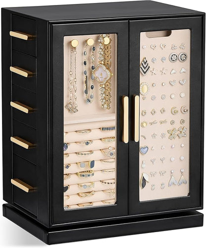 Lolalet Rotating 360° Jewelry Box, Clear Window Jewellery Storage for Earrings Bracelets Necklaces Rings, Large Vertical Organizer for Women, Valentine's Day Gift -Black