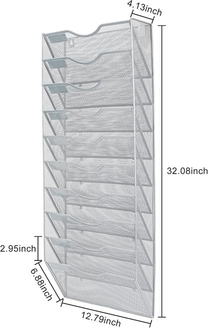 PAG Hanging Wall File Holder Organizer Mail Sorter Literature Rack for Office, 10 Pockets, Silver