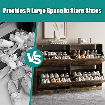 Shoe Storage Cabinet for Entryway with 4 Flip Drawers, Sturdy Wood Hidden Shoe Storage, Freestanding Narrow Slim Shoe Organizer for Front Door Entrance, Living Room, Hallway, Bedroom, Brown