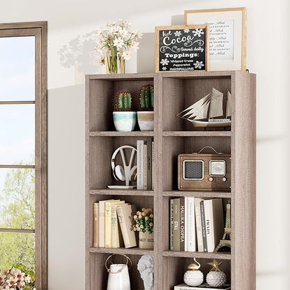 FOTOSOK 2 Pcs 71'' Tall Narrow Bookshelf, 8-Tier Media Tower Rack Set of 2, CD DVD Storage Cabinet with Adjustable Shelves, Tall Narrow Bookcase Skinny Display Bookshelf Slim Shelf, Oak