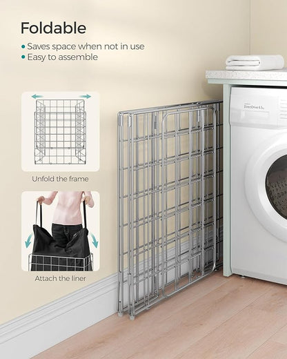 SONGMICS 29 Gal. (110L) Laundry Basket, Laundry Hamper, Collapsible Clothes Hamper, Removable and Washable Liner, Metal Wire Frame, for Bedroom Bathroom, Silver and Classic Black ULCB111B01