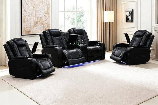 Black Leather Power Recliner Loveseat and 2 Chairs with Arm Storage and Read Light, Theater Seating Leather Living Room Reclining Loveseat with Cup Holders and Smart Charging Pad for Home
