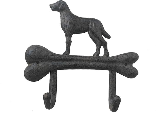 Comfy Hour 7" Heavy Duty Cast Iron Dog Wall Hook, Decorative Dog on Bone Double Key Holder for Wall, Rustic Animal Coat Hanger for Entryway, Mudroom & Nursery, Dog Lovers Gift, Antique Black