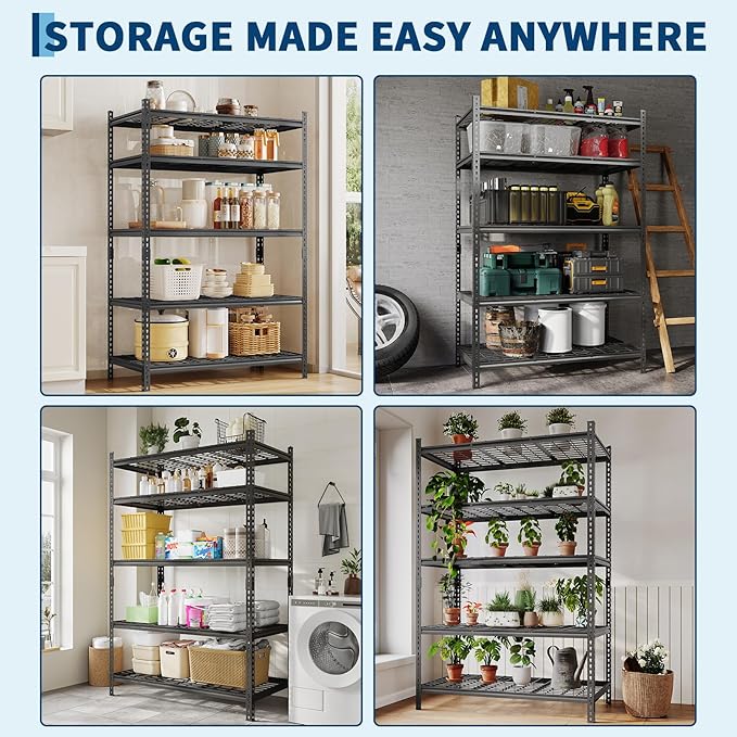 Garage Shelving 2200 LBS Storage Shelves Adjustable Metal Shelving Unit Heavy Duty 5 Tier Metal Shelves for Garage Kitchen Pantry Warehouse Basement, 36" W × 16" D × 72" H