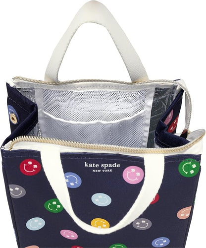 kate spade new york Cute Lunch Bag for Women, Large Capacity Adult Lunch Box with Silver Thermal Insulated Interior Lining and Storage Pocket (Spade Smiley)