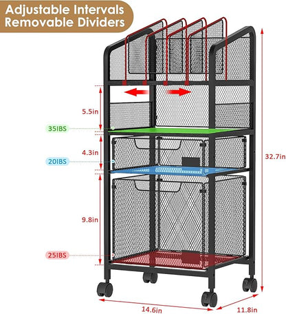 2 Drawer File Cabinet with Adjustable Dividers, 4-Tier Mobile Vertical Filing Cabinet on Lockable Wheels, Hanging File Organizer Cart for Letter-Size,Rolling Utility Cart for Home Office