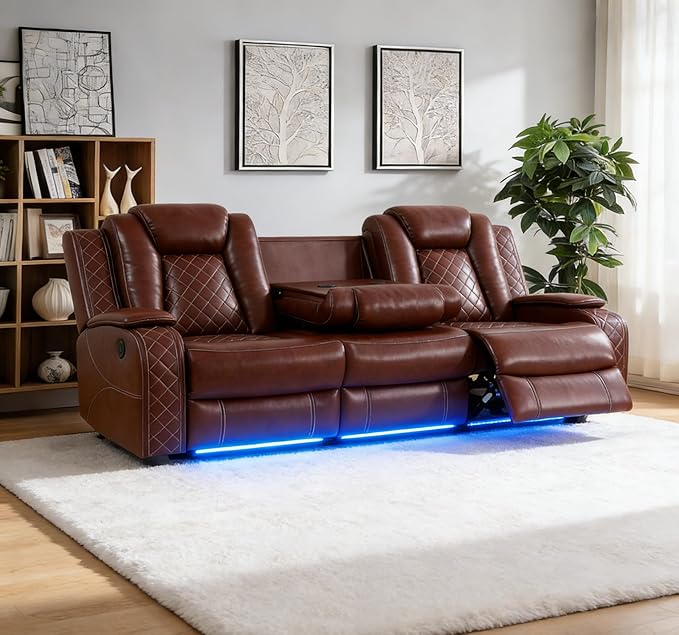 3 Seat Recliner Sofa for Living Room,Living Room Furniture Sets Recling Couch with LED, Soft Brown Leather Power Reclining Sofa with Cup Holders,Storage,Breathing Leather for Home/Office