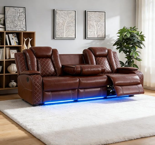 3 Seat Recliner Sofa for Living Room,Living Room Furniture Sets Recling Couch with LED, Soft Brown Leather Power Reclining Sofa with Cup Holders,Storage,Breathing Leather for Home/Office