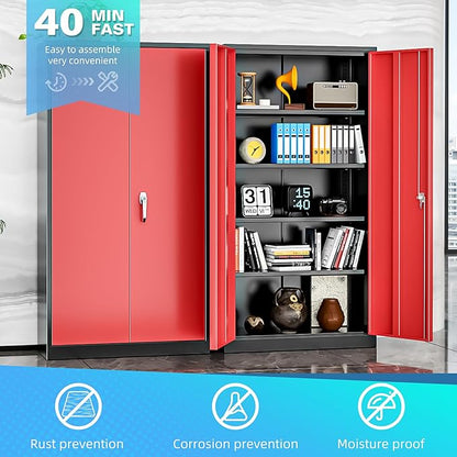 Bonusall Tool Garage Cabinet with Lock, 2 Doors Metal Storage Cabinets with 4 Adjustable Shelves, Lockable Steel Cabinet for Home Office, Warehouse，School(Black Red)