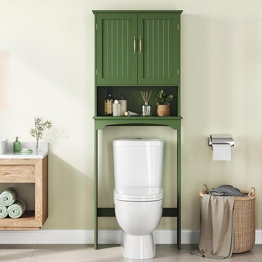 Yaheetech Over The Toilet Storage Cabinet, Over Toilet Cabinet with Adjustable Shelf, Bathroom Storage Organizer with Double Wood Doors, Green
