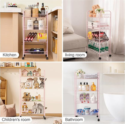 PLKOW 4-Tier Metal Rolling Utility Cart, Multi-Functional Storage Cart for Office, Living Room, Kitchen, Bathroom, Lightweight Organizer Cart with Wheels, Pink