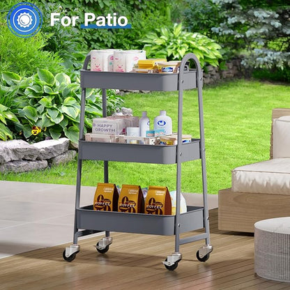 OLIXIS 3 Tier Utility Rolling Cart, Metal Mobile Storage Shelf with Lockable Caster Wheels, Organization for Livingroom, Bathroom & Narrow Places, Gray