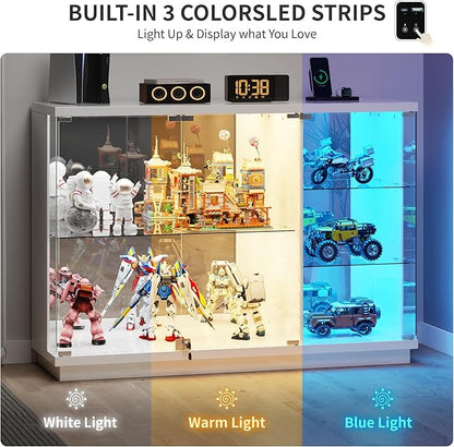 HNEBC Lockable Display Curio Cabinet with Glass Door,47.2" W Glass Display Cabinet with 3 Color Lights for Collectibles,5-Tier Lighted Display Case with Human Sensor,Living Room,White