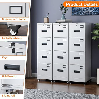 METAN 4 Drawer File Cabinet on Wheels, Lockable Metal Filing Cabinet with Handle and Name Card for Office Home,Assembly Required,White