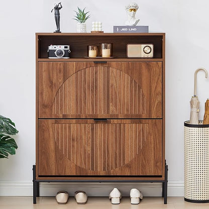 Fluted Shoe Cabinet with 2 Flip Drawers, Narrow Shoes Storage Organizer Rack with Circle Design Panel for Entryway Hallway (Walnut)