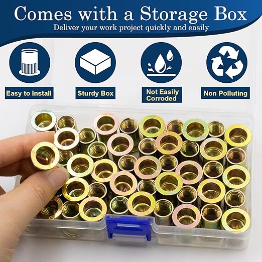 50Pcs M10 Rivet Nuts, Metric Zinc Plated Finish Carbon Steel Flat Head Threaded Insert Nutsert Kit