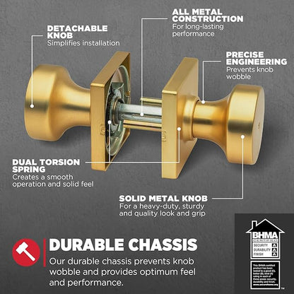 Kwikset Pismo Interior Privacy Door Knob with Lock, Door Handle for Bathroom and Bedroom, Satin Brass, Square, Keyless Turn Lock Doorknob, Microban Protection (Pack of 4)