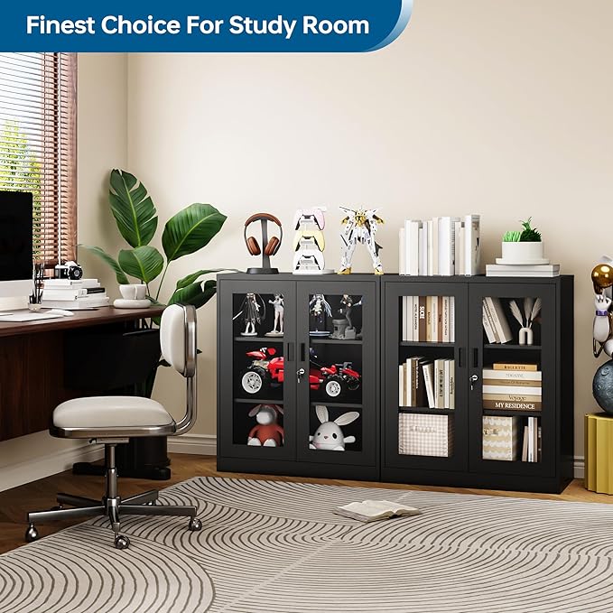 Display Cabinet with Acrylic Doors, 35.4 Inches Metal Curio Storage Cabinet with 2 Adjustable Shelves, Locking Display Case for Home, Office, Clinic, Pantry, Assemble Required (Black)