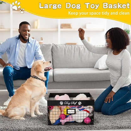 Dog Toy Basket - Large Dog Toy Box with Handles and Label Position Design for Living Room, Metal Dog Toy Bin Storage for Dogs Chew Pets Toys, Blankets, Clothes, Food (Black)