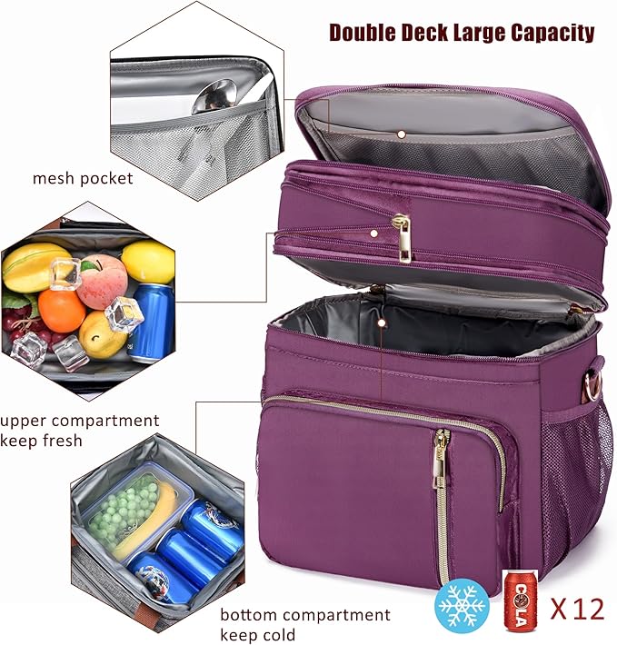 MIYCOO Lunch Bag & Lunch Box for Women Men, Double Deck Leakproof Insulated Soft Large Adult Camping Cooler bag for Work, Beach, Picnic, Travel (Purple, 15L)