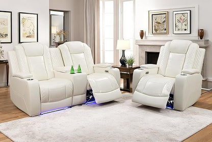 Living Room Furniture Sets,Power Reclining Couch Set for Living Room, Power Reclining Loveseat Recliner Chair with Drop Down Table LED Cupholders for Home and Office, Creamy White