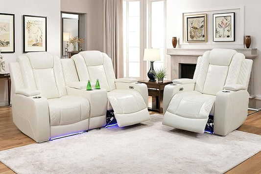 Living Room Furniture Sets,Power Reclining Couch Set for Living Room, Power Reclining Loveseat Recliner Chair with Drop Down Table LED Cupholders for Home and Office, Creamy White