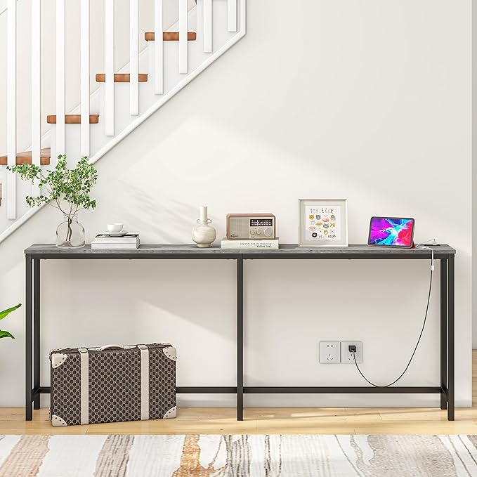 BOFENG 71.5 Inch Thin Console Table with Power Outlets,Narrow Sofa Table with Charging Station,Long Side Table Behind Sofa Couch Table for Entryway,Hallway,Living Room,Foyer,Grey