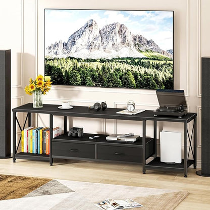 GYIIYUO TV Stand with Fabric Drawers for 65 70 75 Inches TV - Entertainment Center and Industrial TV Console Table with Open Storage Shelves for Living Room, Bedroom - 63.5" Black