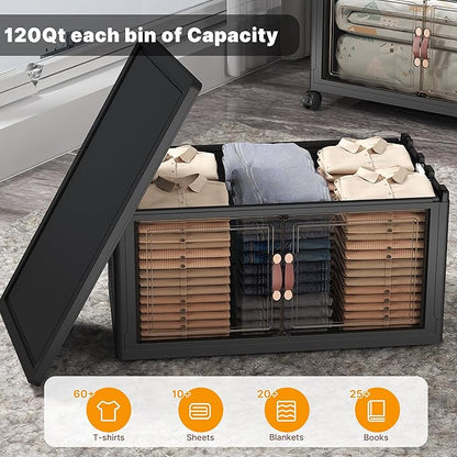 Extra Large Stackable Storage Bins with Lids & Wheels & Door, 672QT-112QT/28GAL*6Pack Foldable Collapsible Closet Organizers, Plastic containers drawers for bedroom Dorm