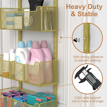 Over The Door Organizer, Metal Door Organizer Hanging with 5 Adjustable Baskets and Coat Hook, Behind The Door Storage for Bedroom Closet Bathroom Pantry Cabinet Kitchen, Gold