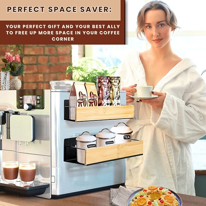 (4 Pack) Magnetic Spice Storage Rack Organizer for Refrigerator and Oven, 4 Strong Magnetic Shelf, Black Fridge Storage, Spice Rack Organizer, Metal-Bamboo