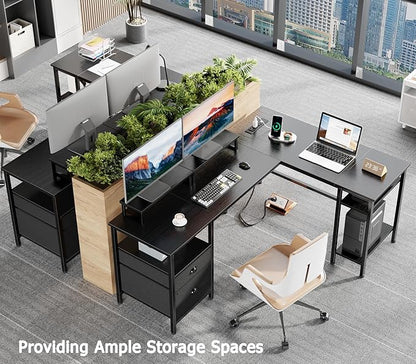 Furologee 59” L Shaped Desk with Power Outlet, Reversible Computer Desk with File Drawer & 2 Monitor Stands, Corner Home Office Table with Storage Shelves for Gaming Writing, Black