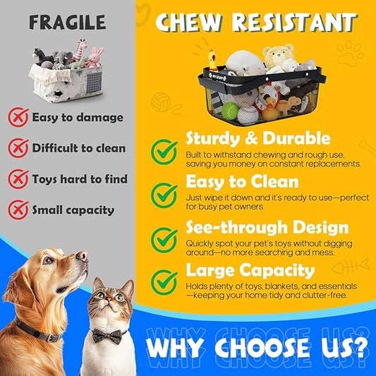Metal Dog Toy Basket: Pet Toy Box Storage Bin for Living Room Area, Mesh Design and Sturdy 16 (L) x 9.5 (W) x 7 (H) inches