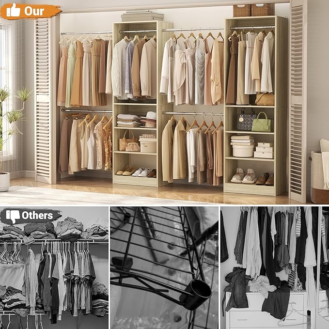 Homieasy Closet Organizer System, 4.5-10ft Modular Wooden Storage with 5 Hanging Rods & Shelving Tower, Adjustable for Walk-in Reach-in Bedroom Closets, Light Oak