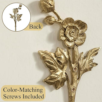 SOFFEE DESIGN 2pcs Metal Gold Coat Hooks with 3D Flowers & Buds Shape, for Entryway, Bathroom, Bedroom Home Decoration